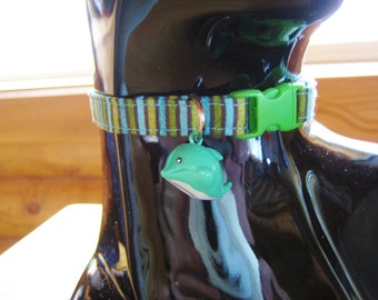 Cat Collar -  Green and Blue Stripe with Green Dolphin Bell - Safety Release collar with Bell for your Special Kitty