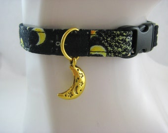 Cat Collar -  Purple or Black Glow-in-the-Dark Fabric with Yellow Moons with a Moon Charm - Safety Release collar for your Special Kitty