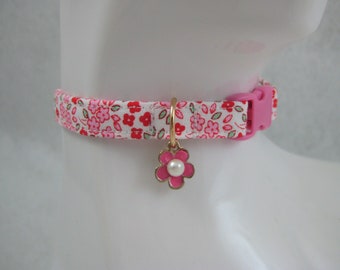 Cat Collar -  Green, Brown or Pink Floral with a Green, White or Pink Enamel Flower Charm - Safety Release collar for your Special Kitty