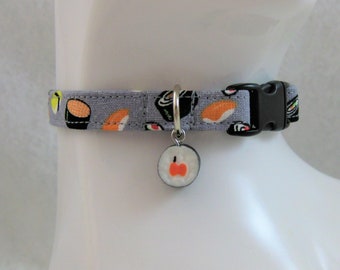 Cat Collar - Gray with Different Sushi Foods and Rolls with Small Sushi Roll Charm - Safety Release collar with Charm for your Special Kitty
