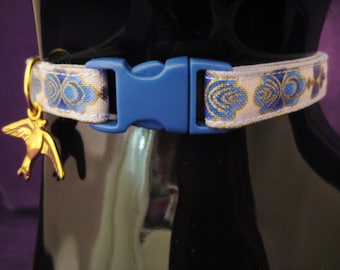 Cat Collar - Bastet Egyptian Fan Blue with Gold Metallic Highlights-Safety Release Buckle, Bell and Choice of Charm for your Special Kitty