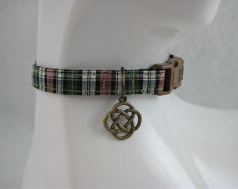 Cat Collar - Tartan Glen Green and Brown Check with a Bronze Celtic Charm - Safety Release collar for your Bonnie Special Kitty