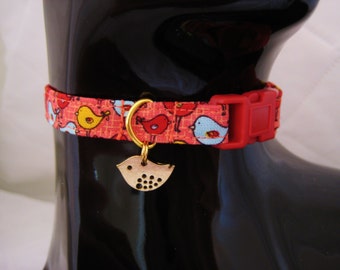 Cat Collar - Red or Aqua Blue with Yellow or Red Birds w/Gold or Silver Bird Charm - Safety Release collar with Charm for your Special Kitty