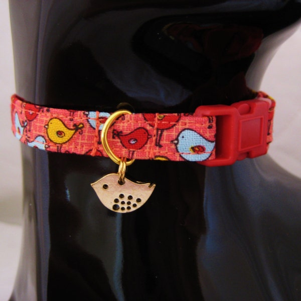 Cat Collar - Red or Aqua Blue with Yellow or Red Birds w/Gold or Silver Bird Charm - Safety Release collar with Charm for your Special Kitty