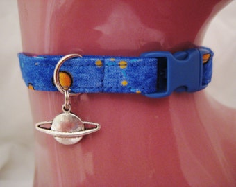 Cat Collar - Blue and Yellow Stars and Planets or White with a Silver Planet Charm - Safety Release collar with Charm for your Special Kitty