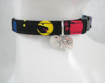 Cat Collar - Vintage PacMan Video Characters in Circles or Chasing with a Silver PacMan Charm - Safety Release collar for your Special Kitty