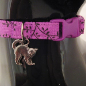 May include: A purple cat collar with a black floral pattern and a matching purple buckle. A silver cat charm hangs from the collar. The collar is designed for a cat.