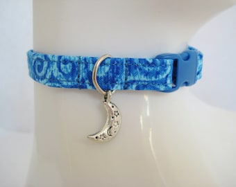 Cat Collar - Blue Tonal Swirl or Blue Swirl with White Dots With Silver Moon Charm - Safety Release collar with Charm for your Special Kitty