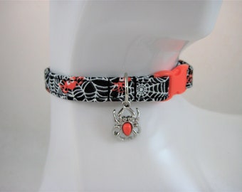 Cat Collar - Glow in the Dark Spiderweb With Red or Orange Spider Charm - Halloween Safety Release collar and Charm for your Special Kitty