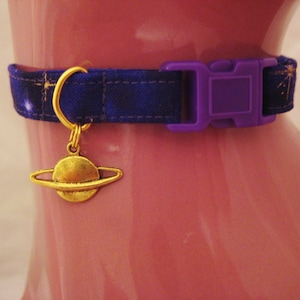 Cat Collar - Purple and Gold Twilight Gold Planet Charm or Black with Silver charm- Safety Release collar with Charm for your Special Kitty