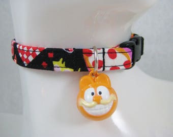 Cat Collar - Black and Red Pizza Fabric with Yellow or Pink Cat Bell - Safety Release collar with Bell for your Special Kitty