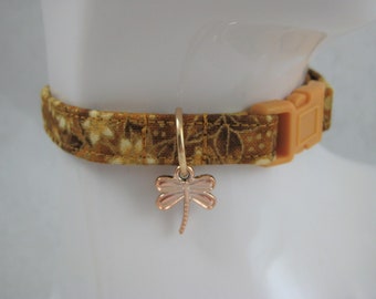 Cat Collar -  Golden Bronze Metallic Floral with Rose Gold Dragonfly Charm - Safety Release collar with Charm for your Special Kitty