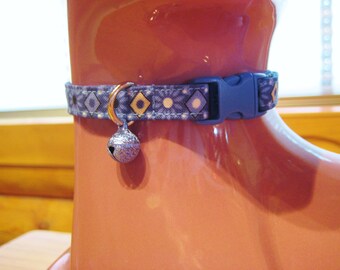 Cat Collar -  Blue Geo Denim Southwestern with Blue Stardust Bell - Safety Release collar with Bell for your Special Kitty