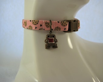 Cat Collar  - Pink with Brown Chocolate Chip Cookies with a Cookie Monster or Cookie Charm - Safety Release collar for your Special Kitty