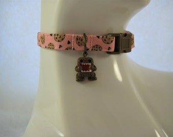Cat Collar  - Pink with Brown Chocolate Chip Cookies with a Cookie Eater or Cookie Charm - Safety Release collar for your Special Kitty
