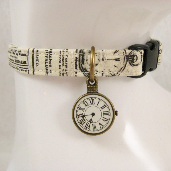 Cat Collar - Steampunk Victorian Newspaper with Bronze or Silver Watch Charm - Safety Release collar with charm for your Special Kitty