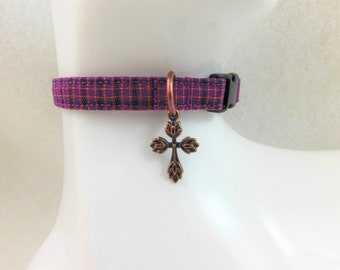 Cat Collar - Tartan Carnegie Magenta and Black Plaid with a Copper Celtic Cross Charm - Safety Release collar for your Bonnie Special Kitty