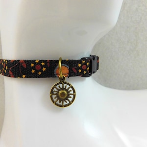 Cat Collar -  Brown Sun Floral or Brown and Cream Eclipse Fabric with a Bronze Sun Charm - Safety Release collar with Charm for your Kitty