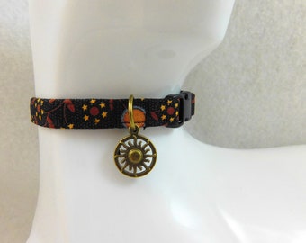 Cat Collar -  Brown Sun Floral or Brown and Cream Eclipse Fabric with a Bronze Sun Charm - Safety Release collar with Charm for your Kitty