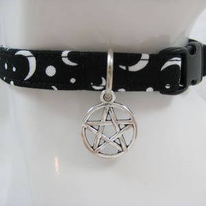 Cat Collar - Black and White Crescent Moons, Floral, Geo, Stars with a Silver, Bronze, Copper Pentacle Pentagram Charm-Safety Release collar