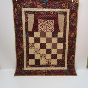 Wheelchair Lap Quilt with Pockets: Burgundy Floral Cotton, Elderly Blanket