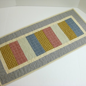 Quilted Table Runner, Blue Homespun Table Runner, Coin Stack Table Runner, 15 1/2 x 34 3/4 inches.