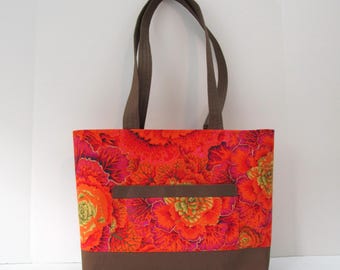 Floral Tote Bag with Zipper: Large Cotton Knitting Project Bag