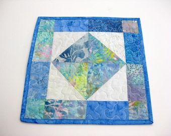 Handmade Blue Batik Quilted Table Topper (12 1/4" x 12 1/4")