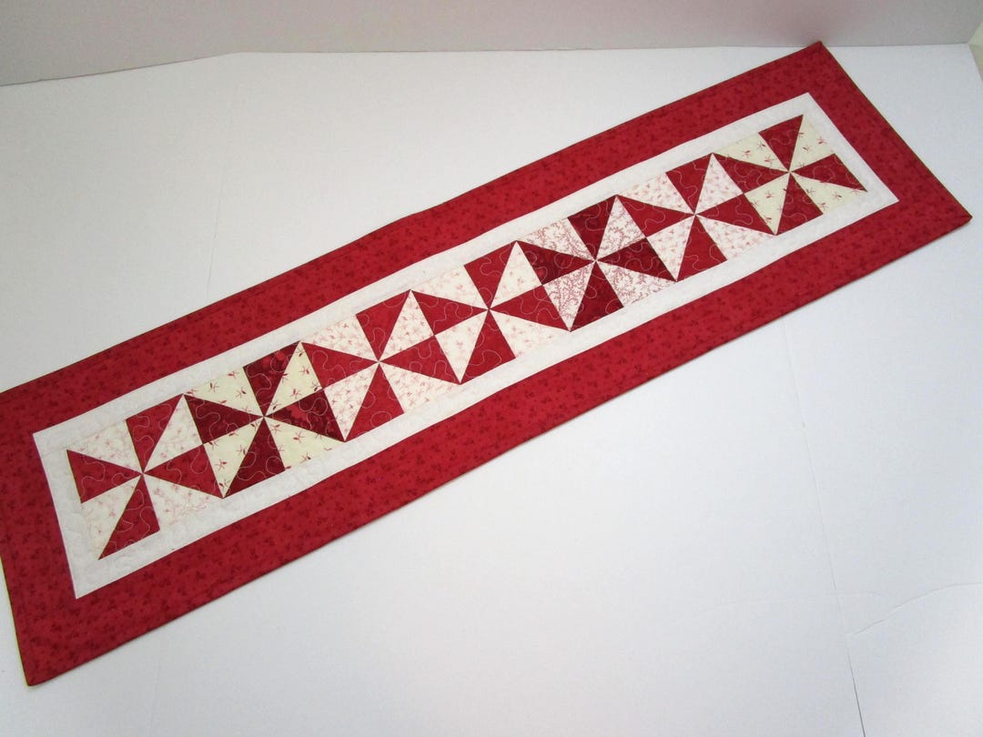 Red Patchwork Table Runner Handmade Red Pinwheel Quilted Table Runner, (11 1/2