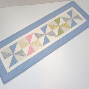 Quilted Table Runner, Pinwheel Quilted Table Runner, Blue Quilted Table Mat. 12 1/2 x 36 1/2 inches.