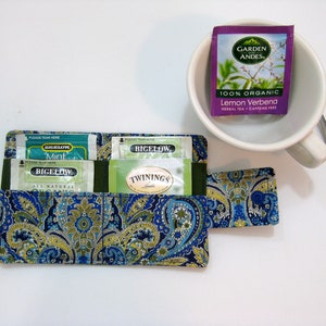 Billetera de té azul hecha a mano, portador de té, billetera de té de tela