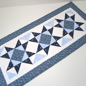 Quilted Table Runner, Quilted Star Table Runner, Blue Star Table Runner, Blue Kitchen Decor, Table amast, 16 1/2 x 37 inches.