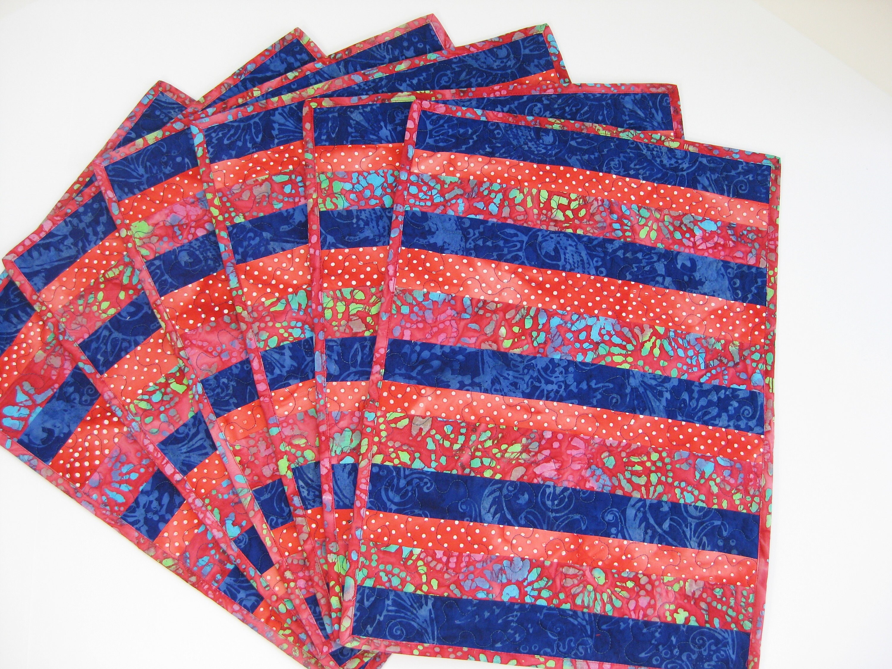 Quilted Placemats Red Blue Kitchen Placemats Set of Six Etsy