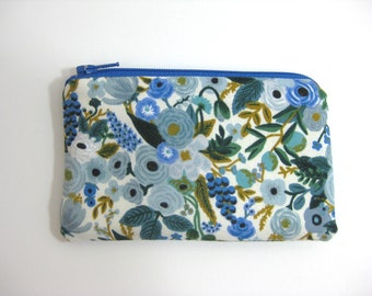 Blue Floral Zipper Pouch, Coin Purse, Cosmetic Bag, Jewelry Pouch