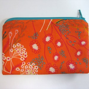 Floral Orange Zipper Pouch: Small Cotton Coin Purse