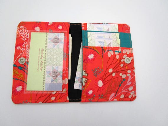 Orange Floral Mini Wallet, Pocket Card Holder, Handmade Pouch