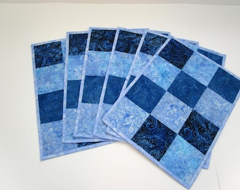 Blue Batik Patchwork Placemats, Quilted Cotton, Set of 6