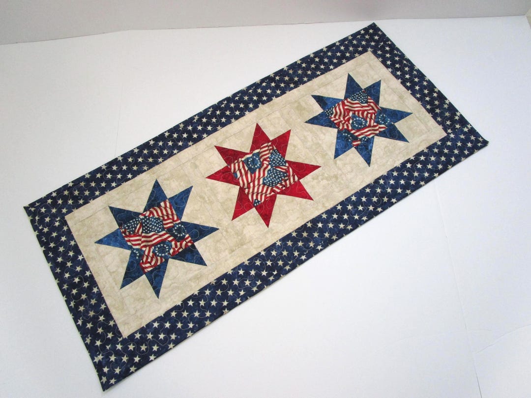 Patriotic Star Quilted Table Runner, Red White Blue (14 1/2" X 32 1/2 ...