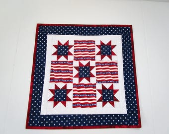 Patriotic Star Quilted Table Topper, Country Decor, Americana Candle Mat (18 1/2 inches Square)