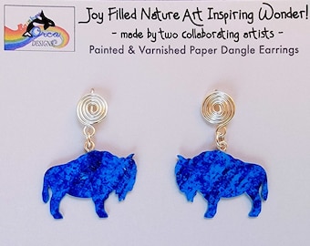 Buffalo Jewelry, Blue Bison Earrings, Wildlife Earrings, Blue Earrings, Spirit Animal, Buffalo Totem, American Bison, Spiral Earrings