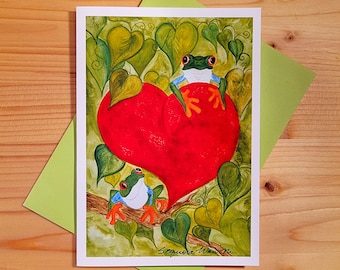 Frog Love Card, Valentine, Watercolor Frog, Frog Lover Card, Valentines Day, Tree Frog Art Card, Animal Valentines, Frog Print