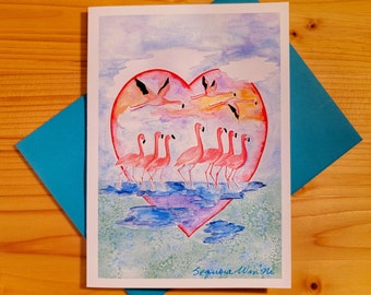 Flamingo Love Card, Anniversary Card, Flamingo Watercolor Card, Wedding Card, Love Card, Mothers Day Card, Flamingo Art Card, Valentines
