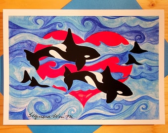 Orca Love Card, Valentines, Orca Card Stationary, Pacific Northwest, Orca Whale Art, Valentines Day, Orca Painting, Orca Art, Whale Art
