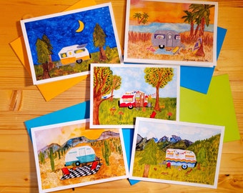 Happy Camper Card Set of 5, Red Camper, Retro Camper Painting, Airstream, Camper Cards, Camping Prints, Camping Décor, Greeting Cards