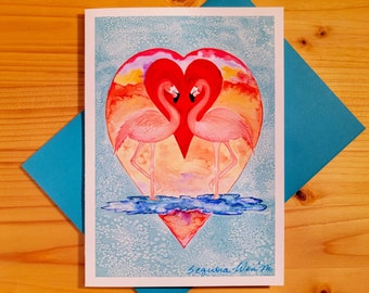 Romantic Flamingo Card, Anniversary Card, Wedding Card, Wedding Gift, Love Card, Wedding Day, Flamingo Art, Valentines Card