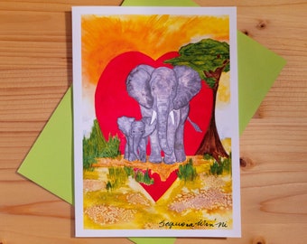 Mothers Day Card, Elephant Love Card, Mothers Day Gift, Elephant Lover, Mom and Baby, Elephant Art, Elephant Baby Shower, Elephant Art Print