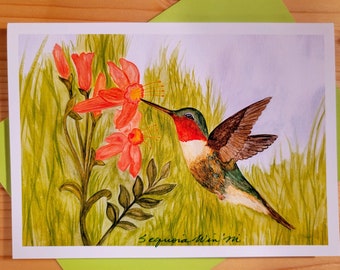 Hummingbird Watercolor Painting Art Print Card, Fine Art Note Cards, Bird Art, Hummingbird Gifts, Hummingbird Card, Hummingbird Decor