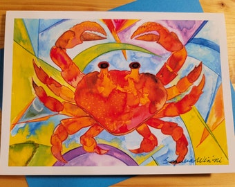 Rainbow Crab Art Greeting Card, Ocean Card Stationary, Colorful Crab Theme, Ocean Art, Watercolor Painting, Fine Art Note Cards, Sea Art