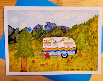 Happy Camper, Greeting Card, Boho Camper, Adventure Card, Camper Painting, Camper Baby Shower, Greeting Cards, Adventure Life