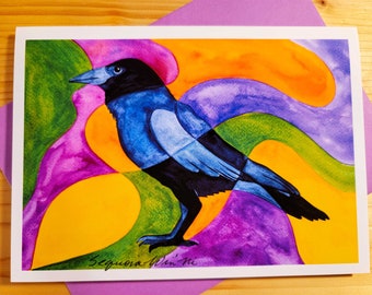 Prismatic Raven Art Card, Raven Watercolor Print, Bird Painting, Greeting Cards, Crow Art, Halloween Cards, Fine Art Note Cards